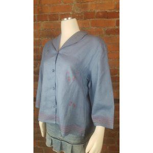 VTG Putomayo Women's Button Down Shirt Chambray Blue Floral Embroidery SZ L